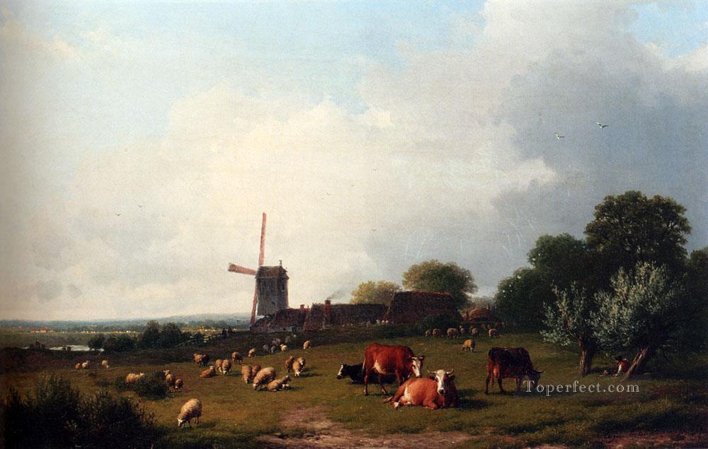 Un paisaje panorámico de verano con ganado pastando en una pradera animal Eugene Verboeckhoven Pintura al óleo